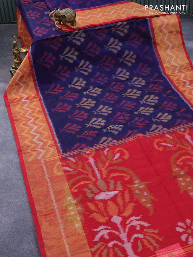 Ikat silk cotton saree blue and red with allover ikat weaves and long ikat woven zari border