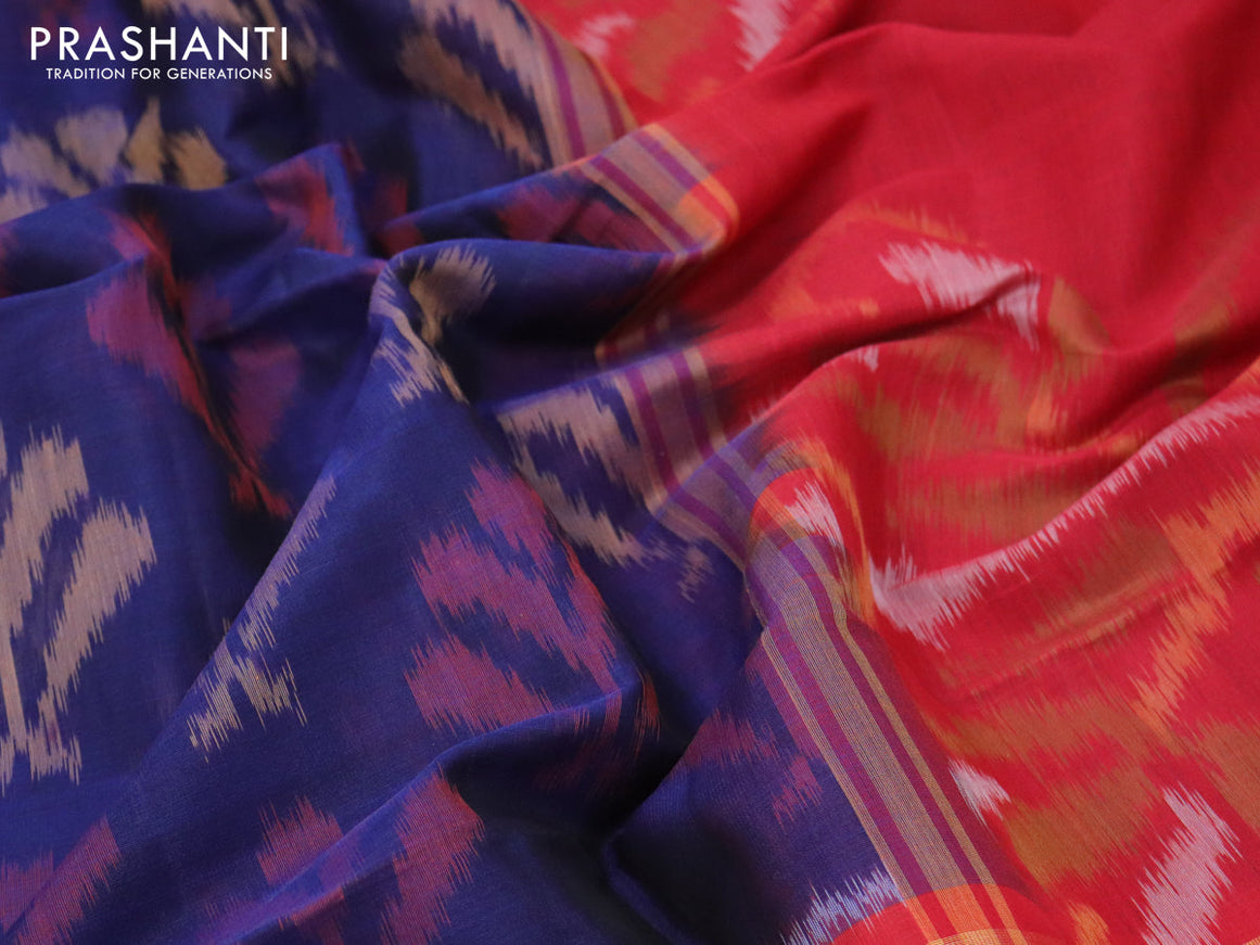 Ikat silk cotton saree blue and red with allover ikat weaves and long ikat woven zari border