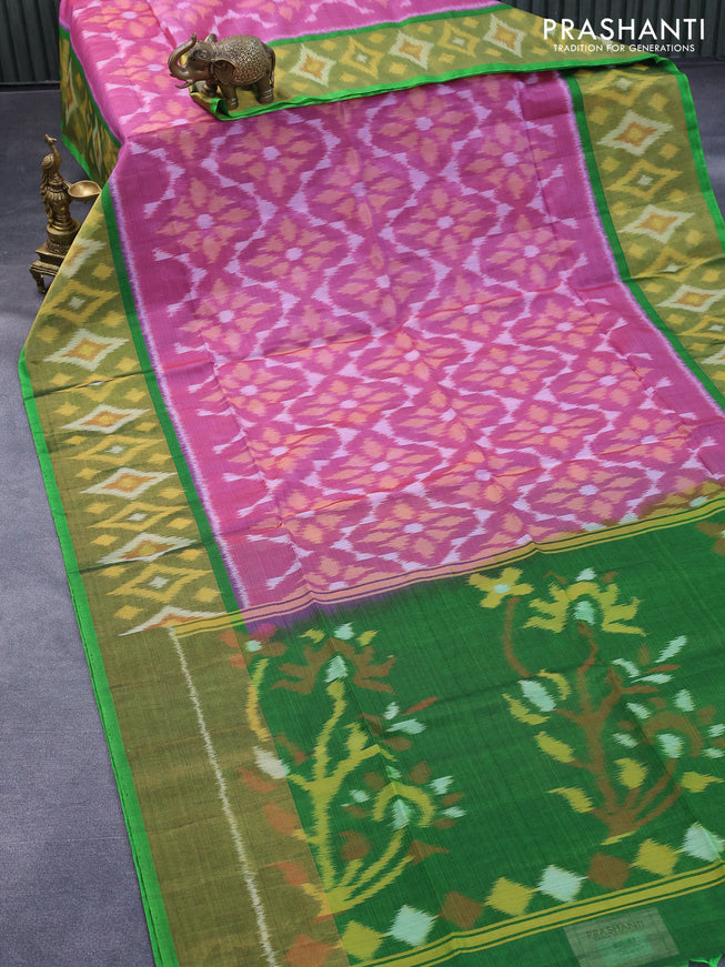 Ikat silk cotton saree pink shade and green with allover ikat weaves and long ikat woven zari border