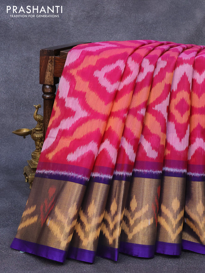 Ikat silk cotton saree pink and blue with allover ikat weaves and long ikat woven zari border