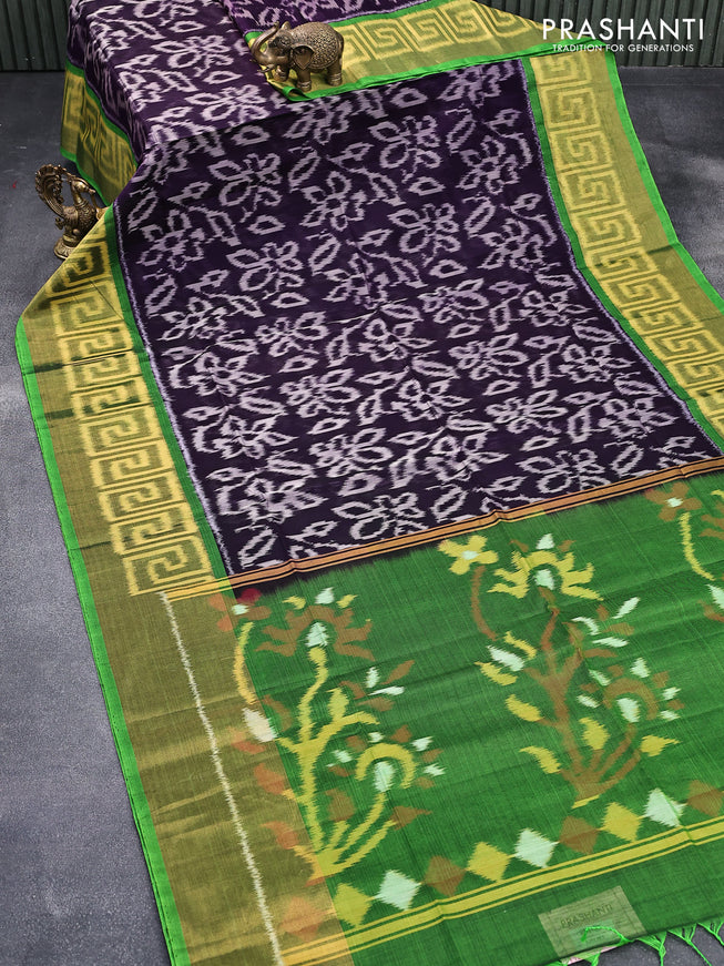 Ikat silk cotton saree blue and green with allover ikat weaves and long ikat woven zari border