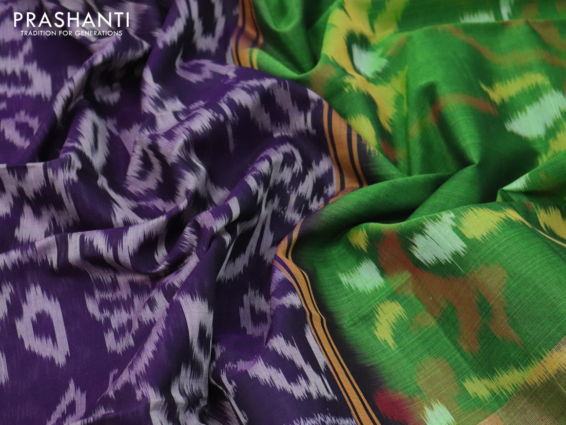 Ikat silk cotton saree blue and green with allover ikat weaves and long ikat woven zari border