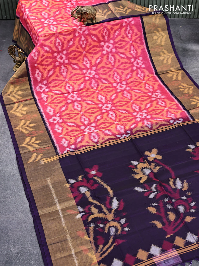 Ikat silk cotton saree pink and dark blue with allover ikat weaves and long ikat woven zari border