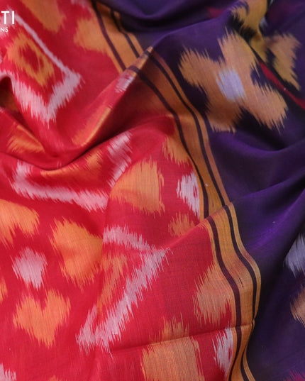 Ikat silk cotton saree maroon and dark blue with allover ikat weaves and long ikat woven zari border