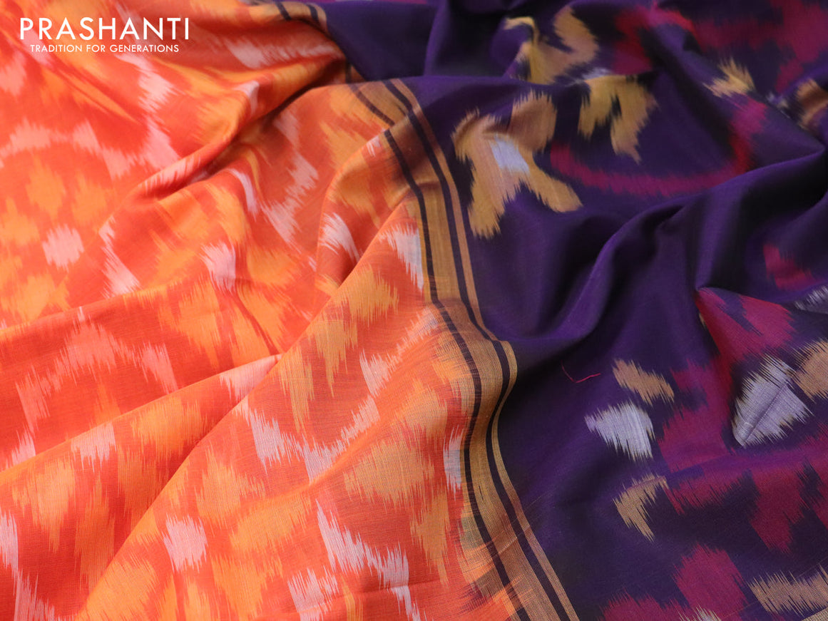 Ikat silk cotton saree orange and dark blue with allover ikat weaves and long ikat woven zari border