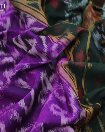 Ikat silk cotton saree violet and bottle green with allover ikat weaves and long ikat woven zari border