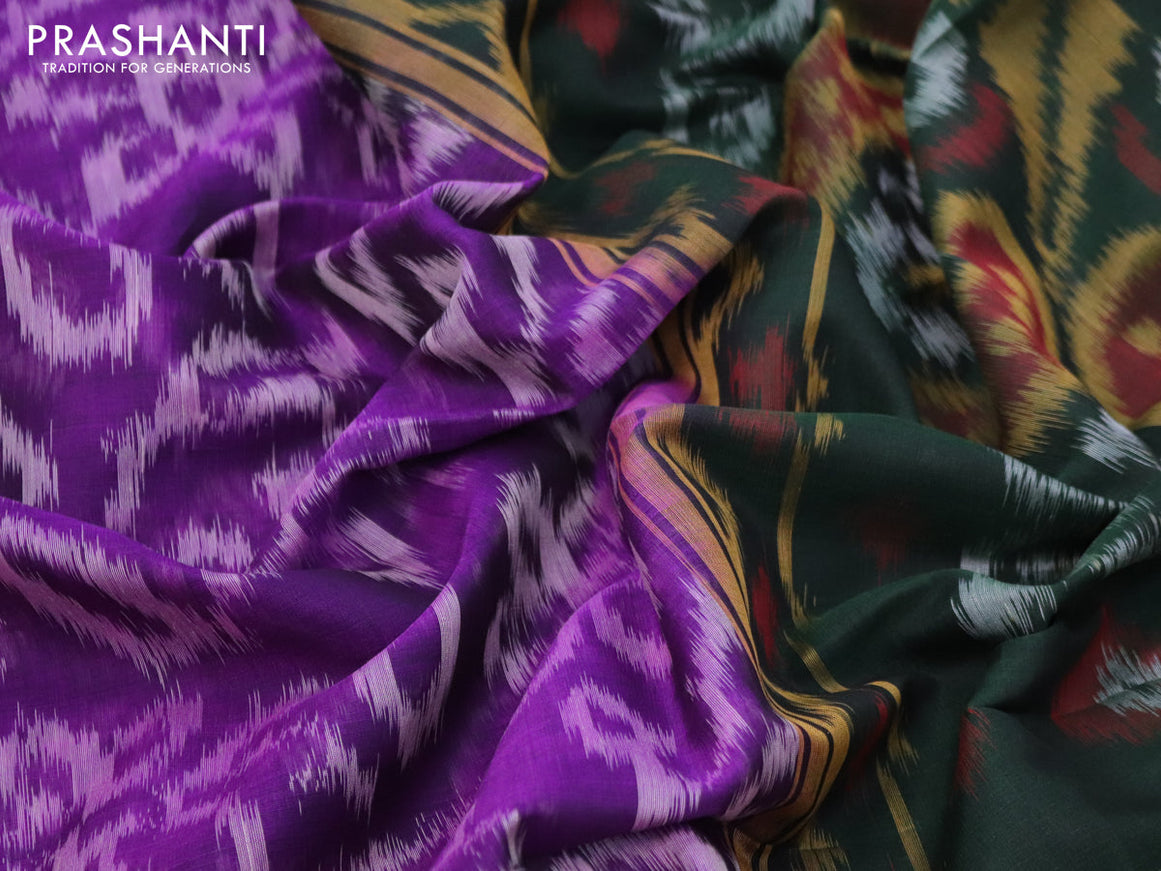 Ikat silk cotton saree violet and bottle green with allover ikat weaves and long ikat woven zari border