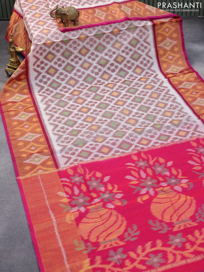Ikat silk cotton saree off white and magenta pink with allover ikat weaves and long ikat woven zari border