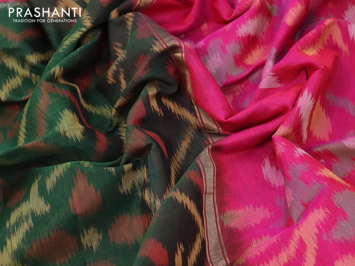 Ikat silk cotton saree bottle green and magenta pink with allover ikat weaves and long ikat woven zari border