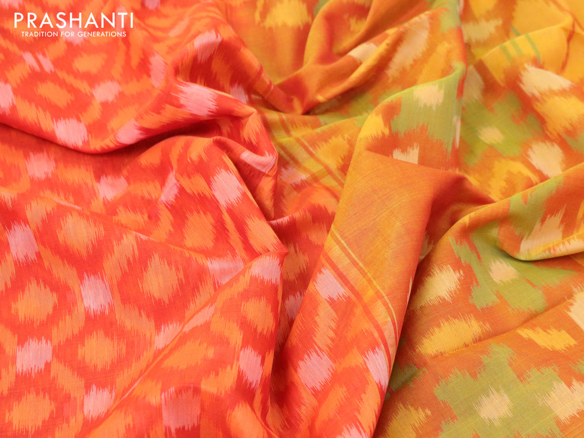 Ikat silk cotton saree orange and mustard yellow with allover ikat weaves and long ikat woven zari border