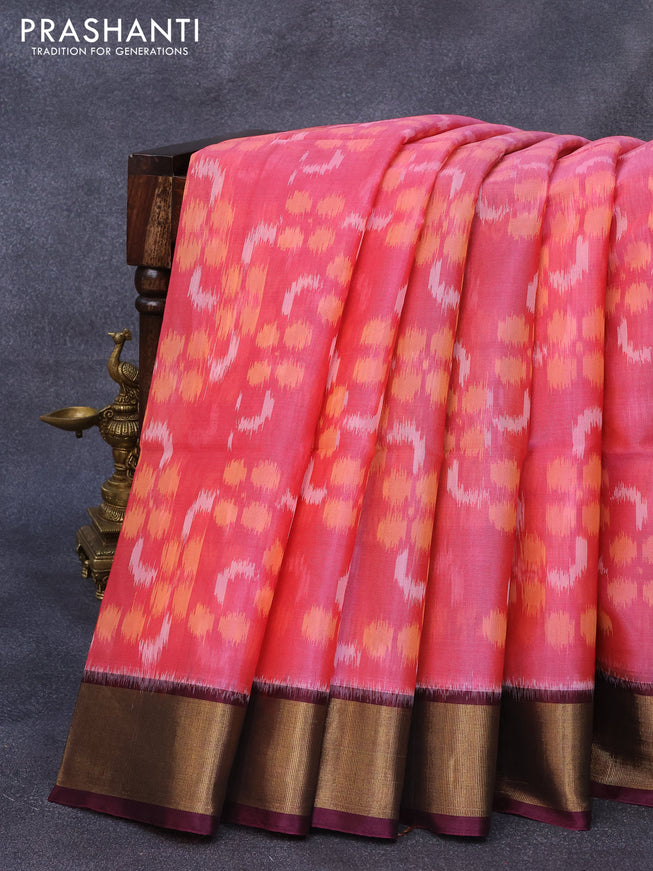 Ikat silk cotton saree pink shade and deep wine shade with allover ikat weaves and zari woven border