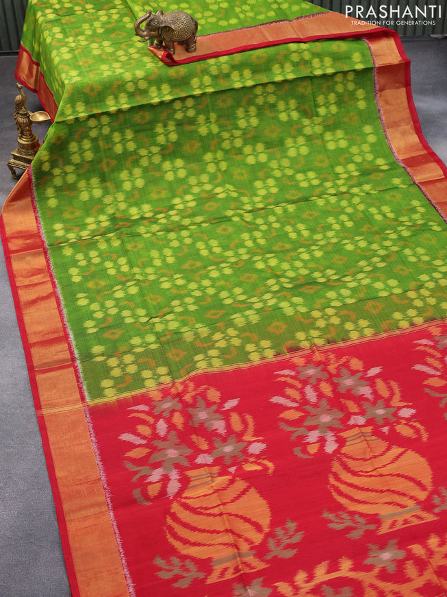 Ikat silk cotton saree green and red with allover ikat weaves and zari woven border