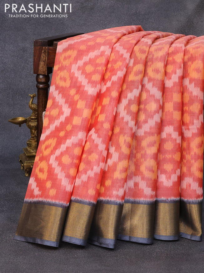 Ikat silk cotton saree red shade and grey with allover ikat weaves and zari woven border