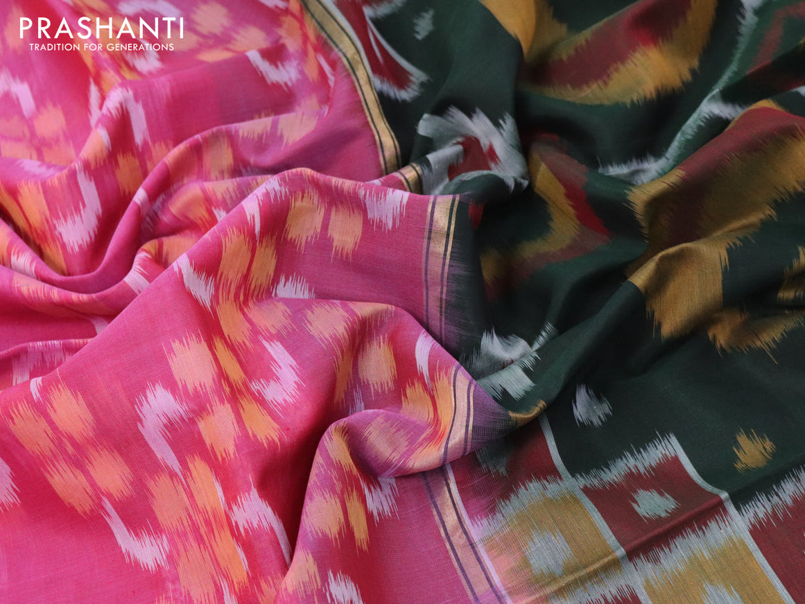 Ikat silk cotton saree magenta pink shade and bottle green with allover ikat weaves and zari woven border