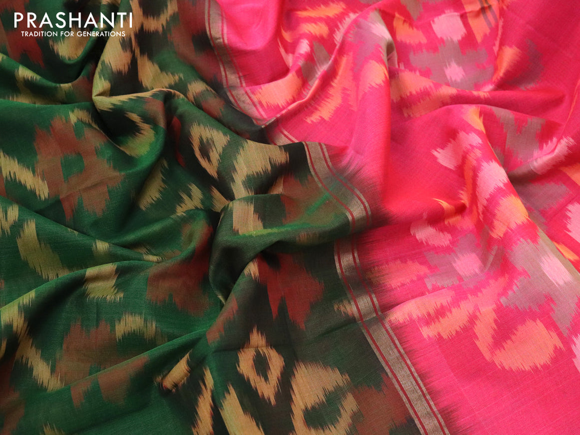 Ikat silk cotton saree green and pink with allover ikat weaves and zari woven border