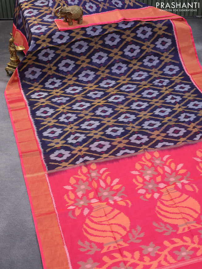 Ikat silk cotton saree navy blue and pink with allover ikat weaves and zari woven border