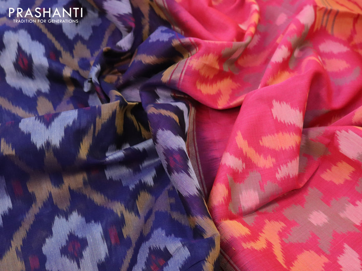 Ikat silk cotton saree navy blue and pink with allover ikat weaves and zari woven border