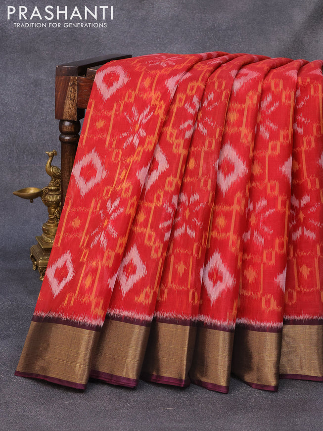 Ikat silk cotton saree red and wine shade with allover ikat weaves and zari woven border