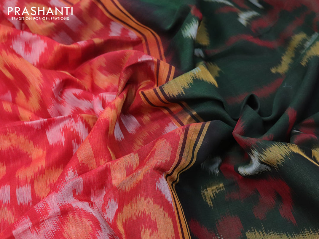 Ikat silk cotton saree red and bottle green with allover ikat weaves and zari woven border