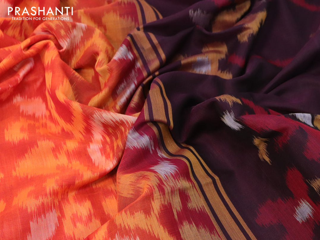 Ikat silk cotton saree orange and wine shade with allover ikat weaves and zari woven border