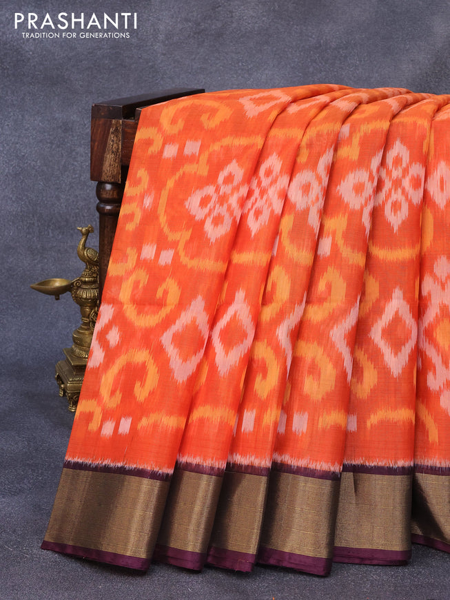 Ikat silk cotton saree orange and deep wine shade with allover ikat weaves and zari woven border