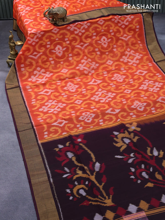 Ikat silk cotton saree orange and deep wine shade with allover ikat weaves and zari woven border