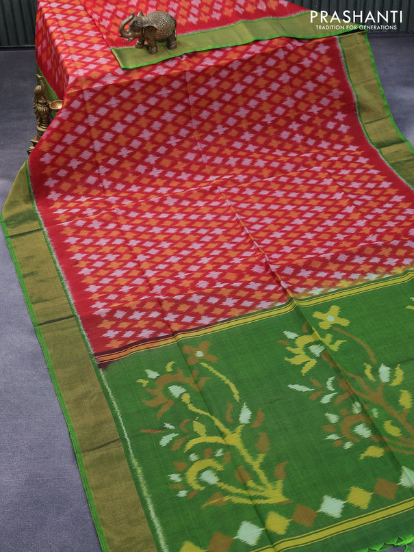 Ikat silk cotton saree red and green with allover ikat weaves and zari woven border