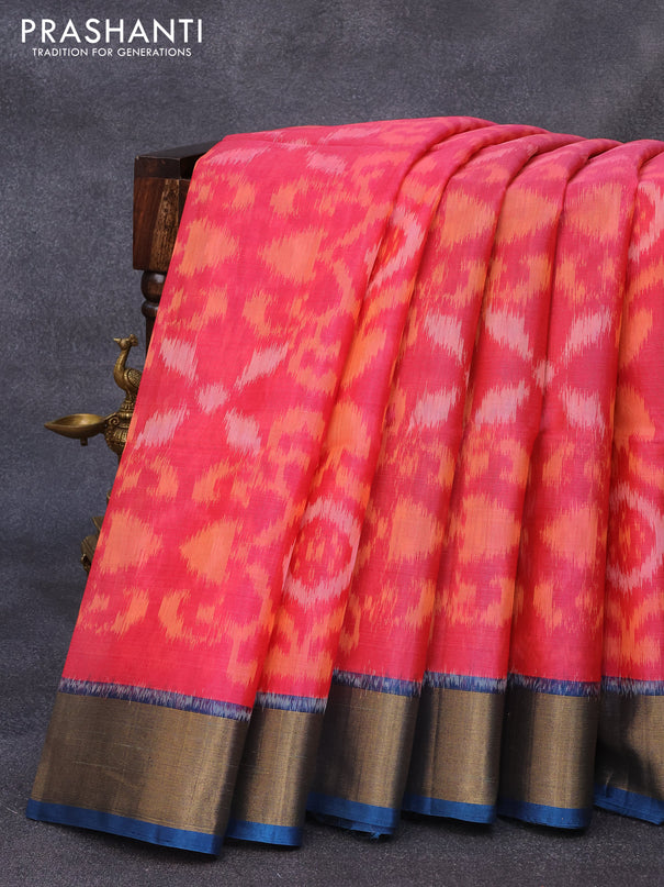 Ikat silk cotton saree pink and peacock blue with allover ikat weaves and zari woven border
