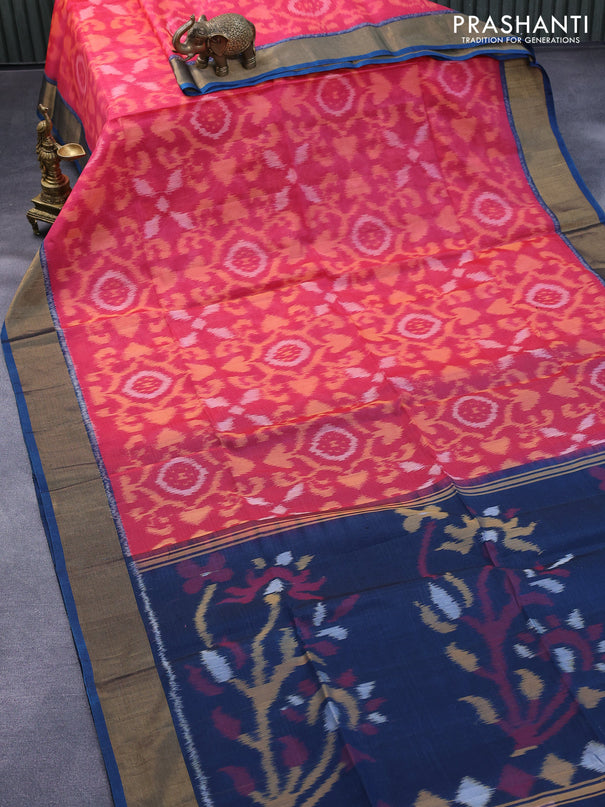 Ikat silk cotton saree pink and peacock blue with allover ikat weaves and zari woven border