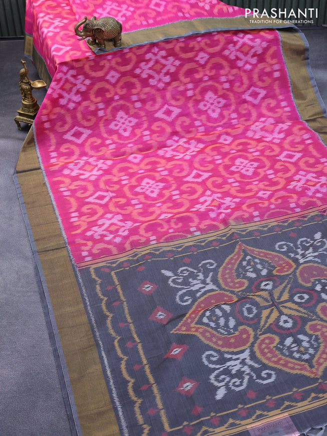 Ikat silk cotton saree candy pink and grey with allover ikat weaves and zari woven border