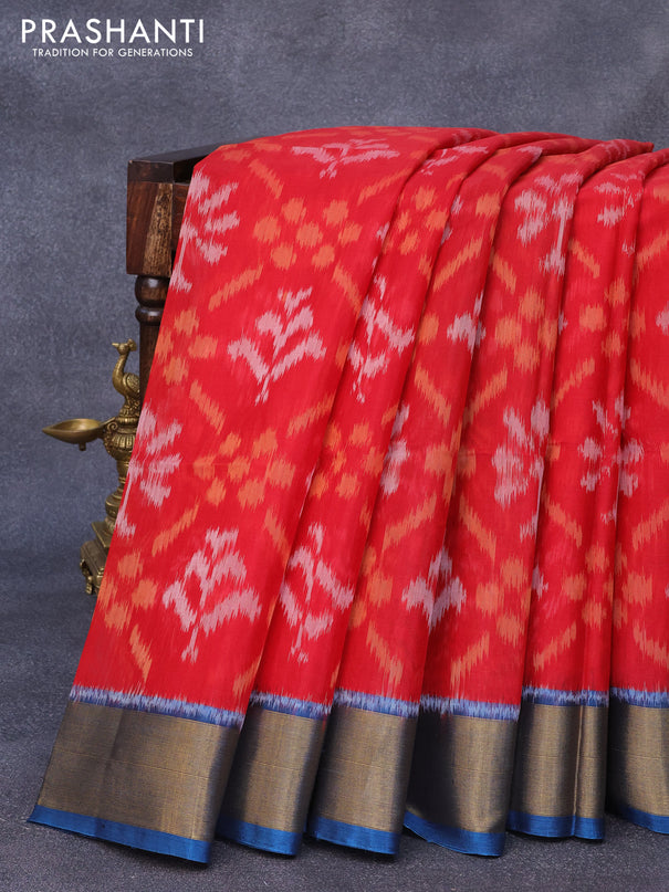 Ikat silk cotton saree red and peacock blue with allover ikat weaves and zari woven border