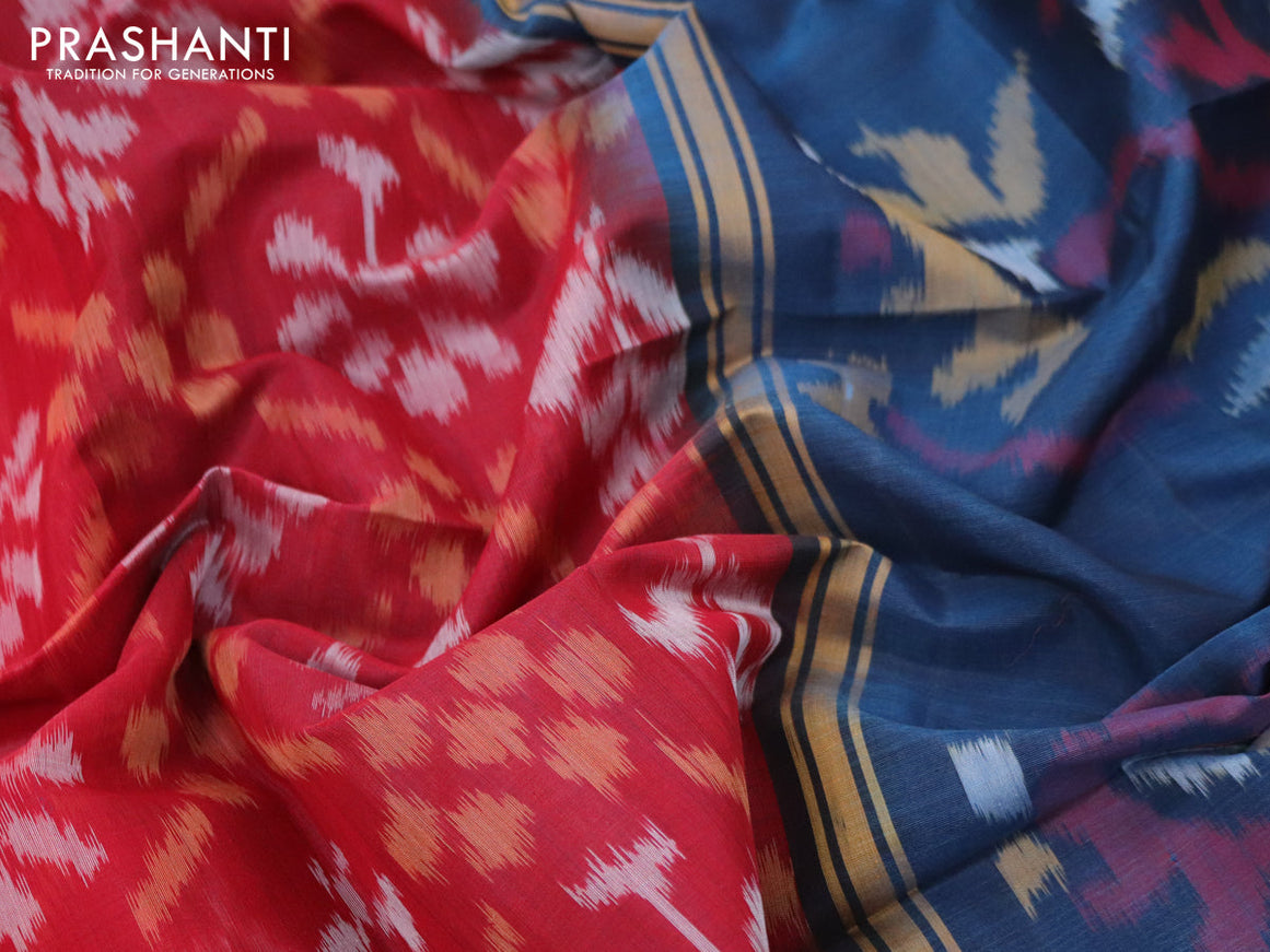 Ikat silk cotton saree red and peacock blue with allover ikat weaves and zari woven border