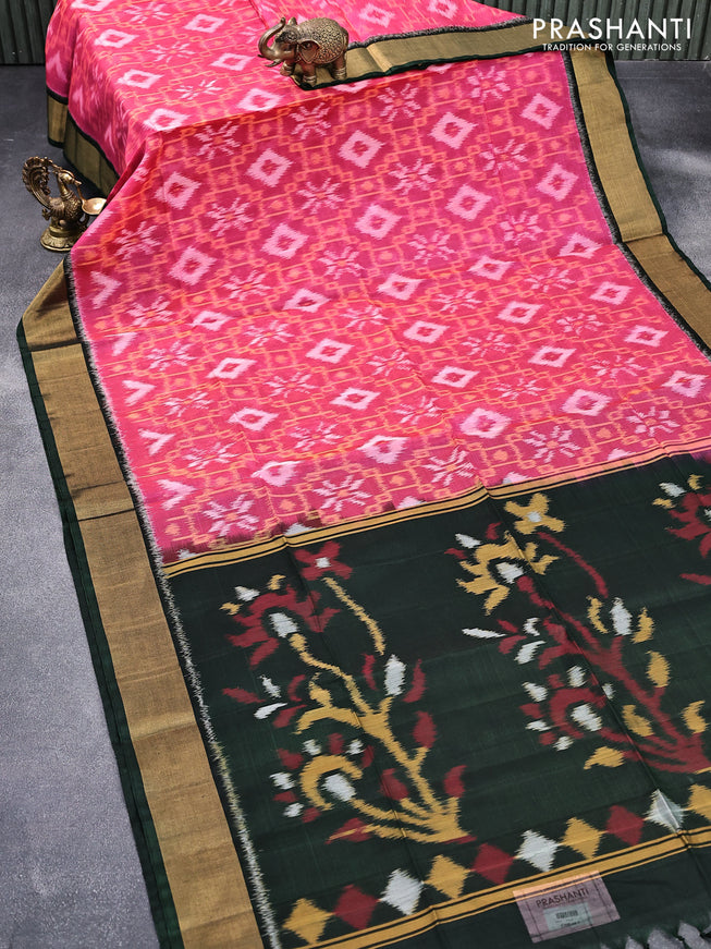 Ikat silk cotton saree pink and bottle green with allover ikat weaves and zari woven border