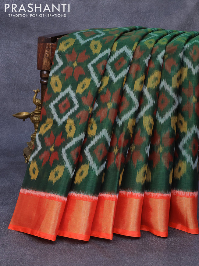 Ikat silk cotton saree dark green and orange with allover ikat weaves and zari woven border