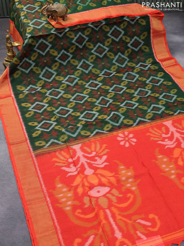 Ikat silk cotton saree dark green and orange with allover ikat weaves and zari woven border
