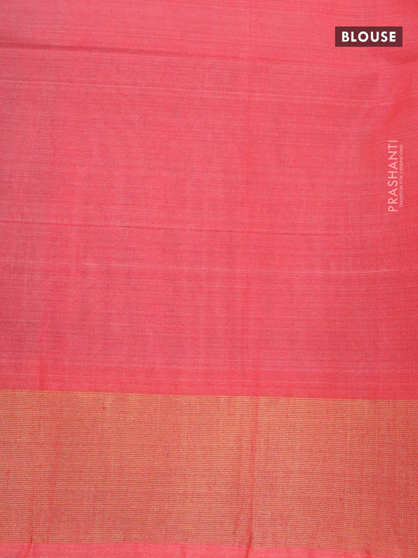 Ikat silk cotton saree bottle green and peach orange with allover ikat weaves and zari woven border