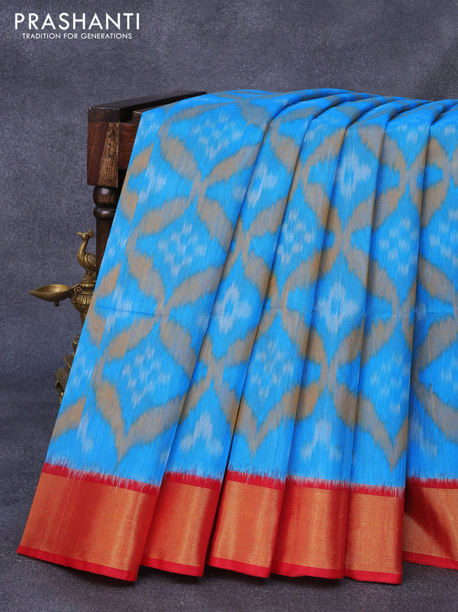 Ikat silk cotton saree blue and red with allover ikat weaves and zari woven border