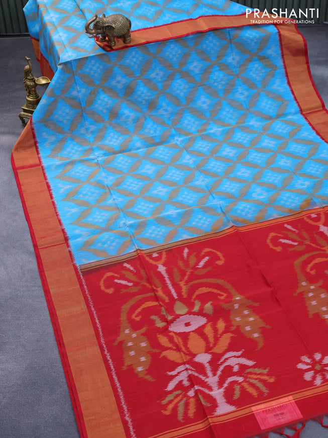 Ikat silk cotton saree blue and red with allover ikat weaves and zari woven border