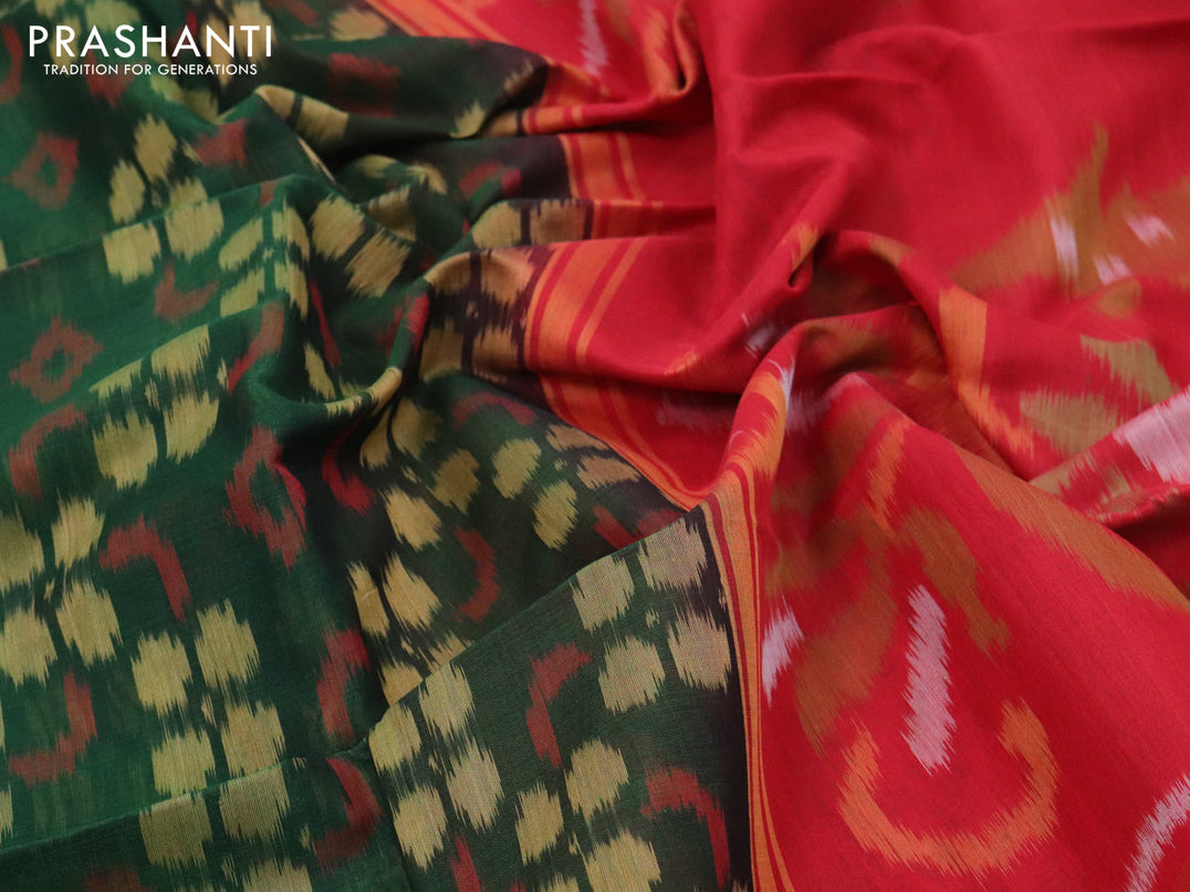 Ikat silk cotton saree bottle green and red with allover ikat weaves and zari woven border