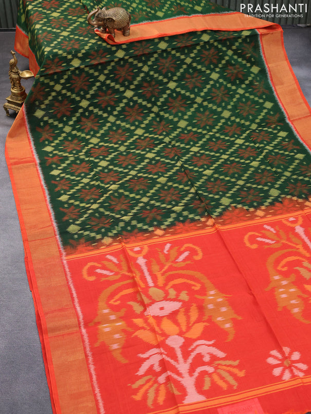 Ikat silk cotton saree bottle green and orange with allover ikat weaves and zari woven border