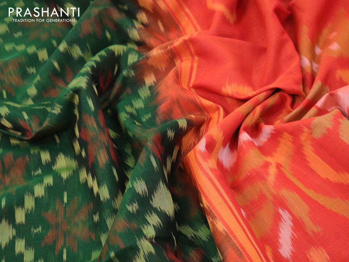 Ikat silk cotton saree bottle green and orange with allover ikat weaves and zari woven border