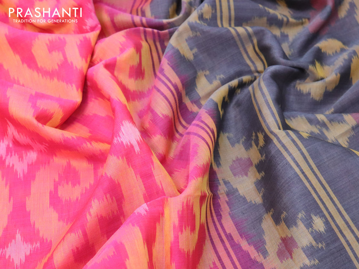 Ikat silk cotton saree pink and grey with allover ikat weaves and zari woven border