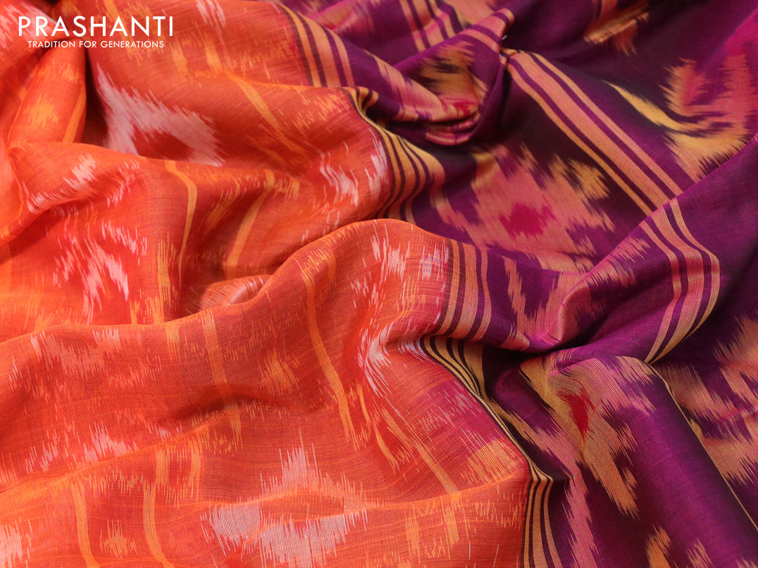 Ikat silk cotton saree orange and magenta pink with allover ikat weaves and zari woven border
