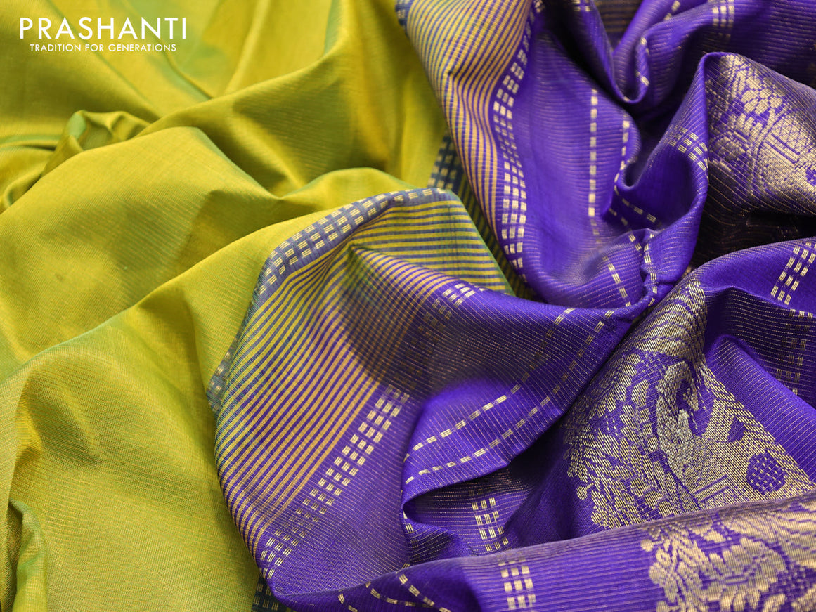 Silk cotton saree lime green and blue with allover vairosi pattern and peacock & elephant zari woven border