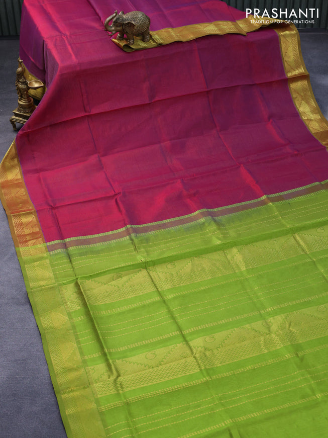 Silk cotton saree magenta pink and light green with allover vairosi pattern and zari woven border