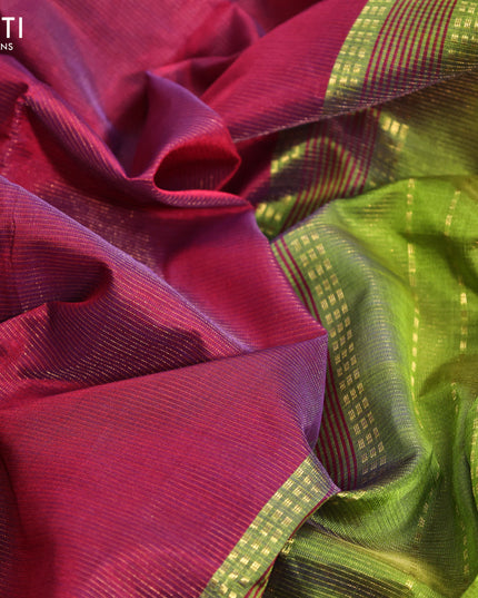Silk cotton saree magenta pink and light green with allover vairosi pattern and zari woven border