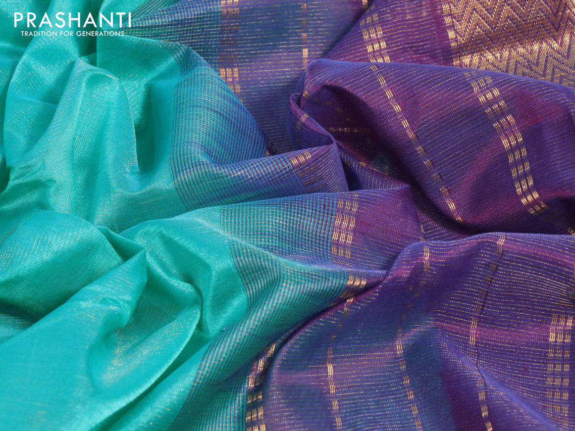 Silk cotton saree teal blue and violet shade with allover vairosi pattern and zari woven border