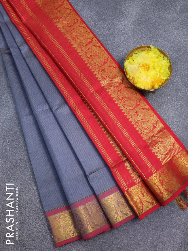 Silk cotton saree grey and red with allover vairosi pattern and annam zari woven border