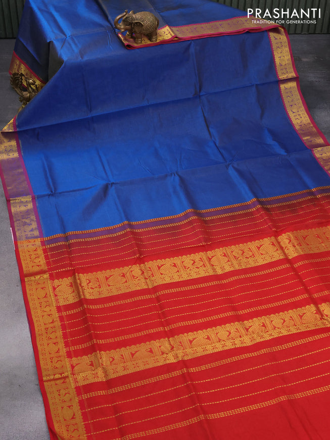 Silk cotton saree peacock blue and red with allover vairosi pattern and annam zari woven border