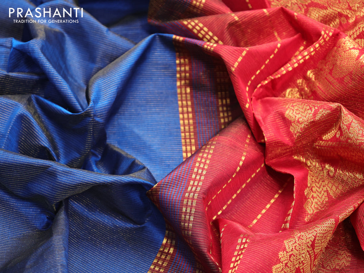 Silk cotton saree peacock blue and red with allover vairosi pattern and annam zari woven border